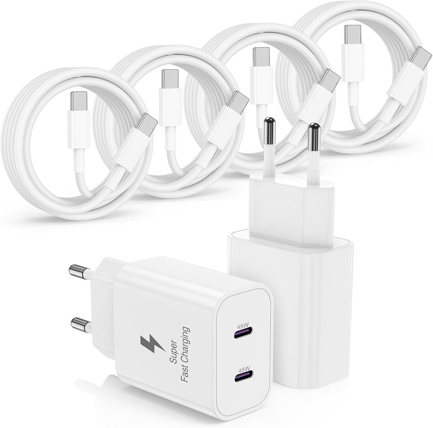 45W Chargeur USB C Rapide pour iPhone 17/16/15/17 Pro Max/16 Pro/16 Pro Max,2Pack 45W PD 2 Port USB-C Prise Secteur avec 1/1/2/2m Câble USB C pour iPhone 17e/15 Pro Max,Adaptateur Secteur