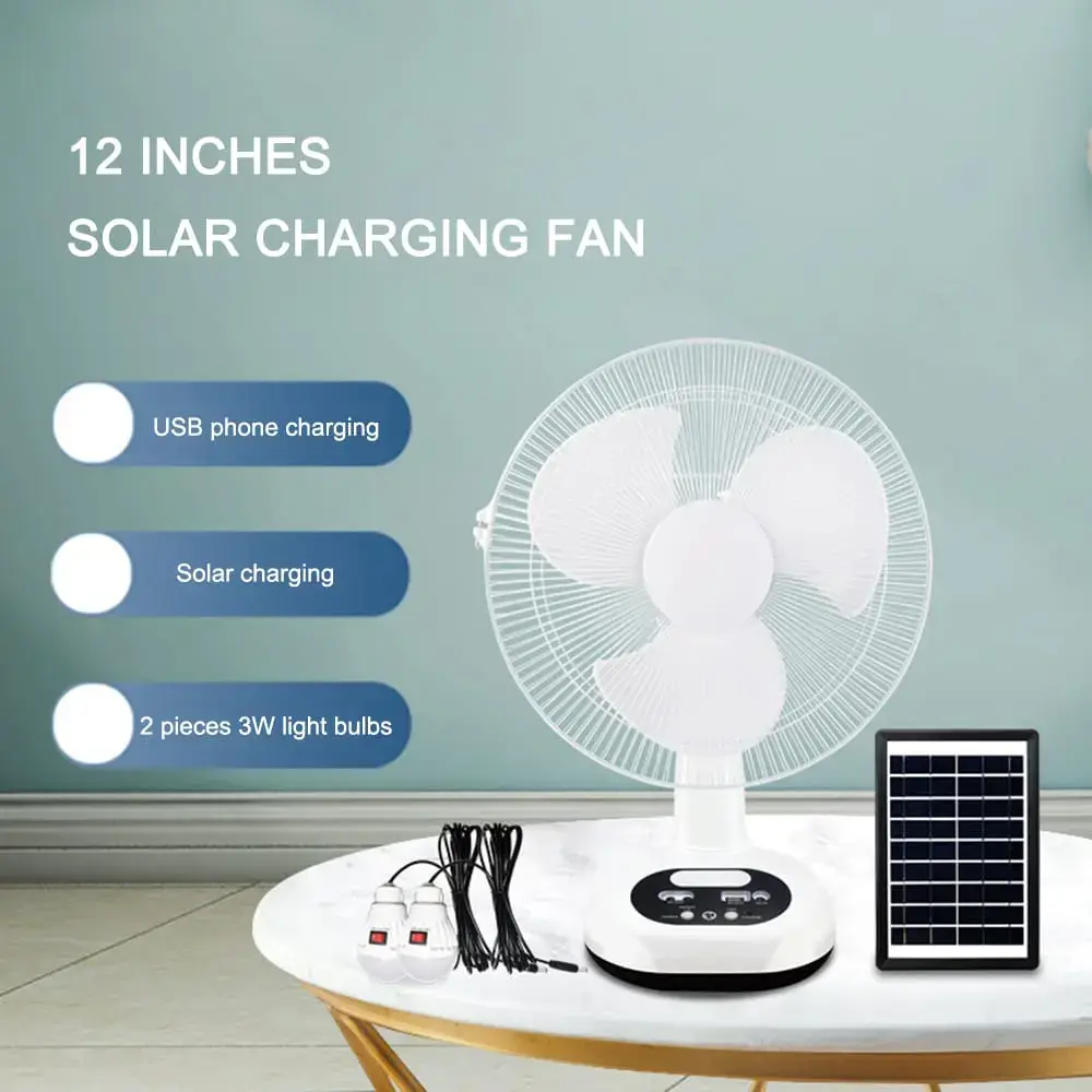 Ventilateur Solaire Rechargeable 12 pouces avec 2 Ampoules